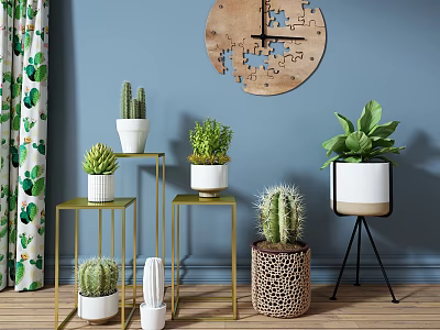 Cactus and Succulent Potted Plants on Golden Metal Stands with White Decorative Pots 3d model