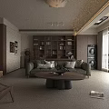 Modern Living Dining Room Interior With Dark Brown Bookshelf Green Sofa Round Wooden Coffee Table