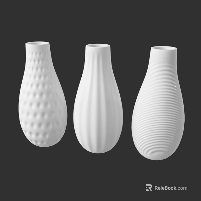Three White Vases With Different Textured Patterns For Home Decoration 3d model