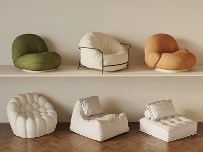 Stylish Contemporary Chairs In Green White Orange With Diverse Designs On Shelf And Floor 3d model