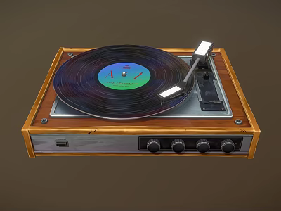 Vintage Musical Wooden Record Player With Vinyl Record Tonearm And Control Knobs 3d model