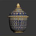 Blue and Gold Carved Sculpture with Ornate Lid and Intricate Floral Patterns