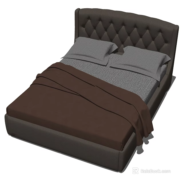 Modern Double Bed With Tufted Headboard Gray Pillows And Brown Blanket 3d model