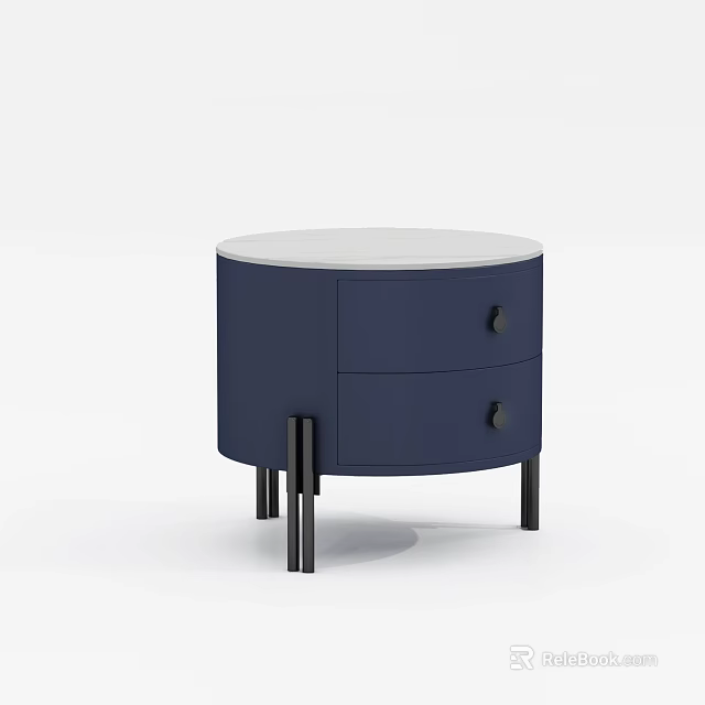 Navy Blue Bedside Table With Two Drawers White Circular Top And Thin Black Legs 3d model