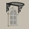 Elegant Outdoor Iron Awning With Ornate Brackets Over Arched White Window