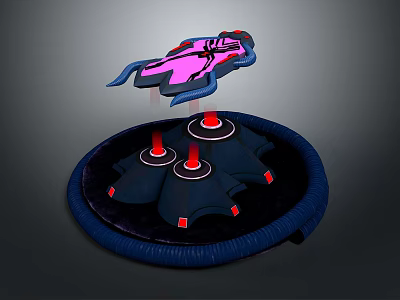 Futuristic Pink And Black Floating Device With Blue Circular Base And Three Red Pillars 3d model