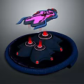 Futuristic Pink And Black Floating Device With Blue Circular Base And Three Red Pillars