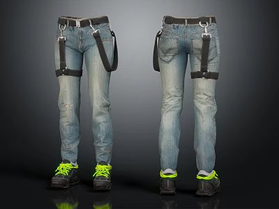 Casual Blue Jeans With Suspenders Belt And Green Laces Shoes Front And Back View 3d model