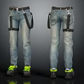 Casual Blue Jeans With Suspenders Belt And Green Laces Shoes Front And Back View