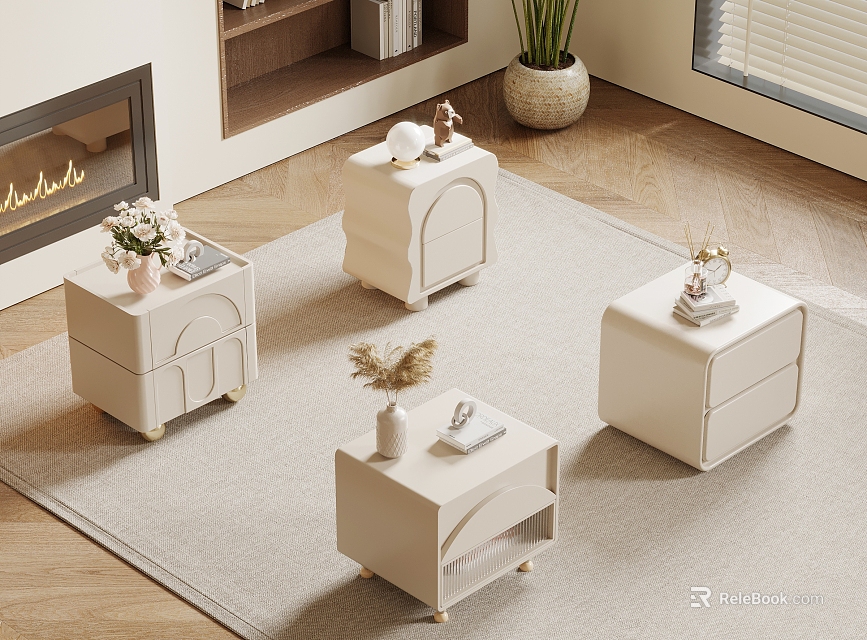 Modern Light Colored Bedside Tables With Drawers And Decorative Vases Books In Bedroom Setting 3d model 
