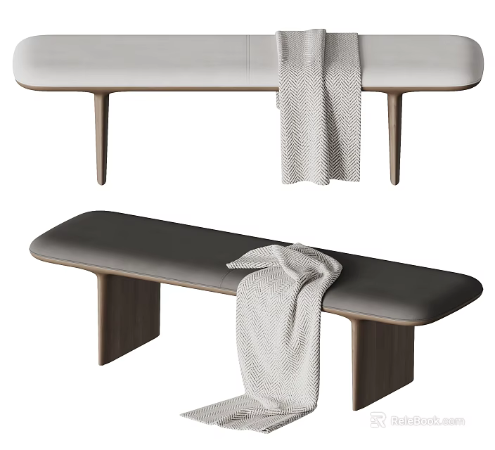Light Gray and Dark Gray Sofa Bench with Upholstered Seat Wooden Legs and Blanket 3d model 