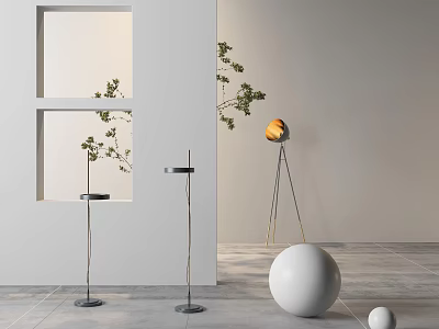 Modern Floor Lamps In Minimalist Setting With Metal Stands Spherical Shades And Plants 3d model