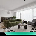 Bright Modern Open Plan Living And Dining Room With Cozy Green Sofa And Large Windows