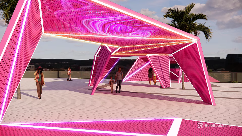 Pink Illuminated Pavilion with Geometric Structure and Spiral Patterns Surrounded by Palm Trees and People 3d model 