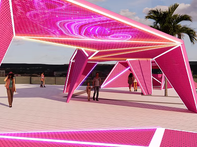 Pink Illuminated Pavilion with Geometric Structure and Spiral Patterns Surrounded by Palm Trees and People 3d model