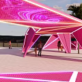 Pink Illuminated Pavilion with Geometric Structure and Spiral Patterns Surrounded by Palm Trees and People