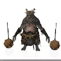 Man With Horns And Chubby Body In Leather Armor With Spiked Balls And Spears
