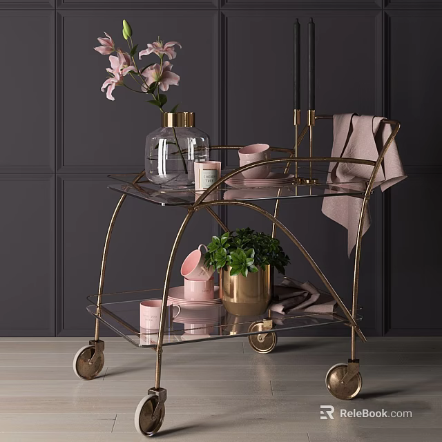 Decorative Ornament Set with Gold Cart Glass Shelves Pink Cups Green Plant Candle and Cloth 3d model 