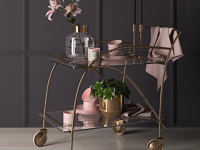 Decorative Ornament Set with Gold Cart Glass Shelves Pink Cups Green Plant Candle and Cloth 3d model