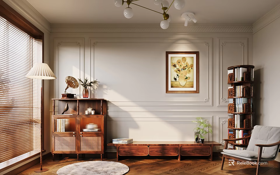 Classic Living Room With Paneled Walls Wooden Furniture Chandelier Artwork Floor Lamp And Rug 3d model 
