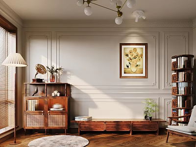 Classic Living Room With Paneled Walls Wooden Furniture Chandelier Artwork Floor Lamp And Rug 3d model
