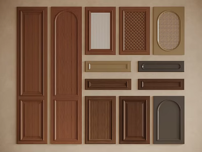 Wooden Wardrobe Doors With Various Panel Patterns Arch And Grid Designs In Brown Tones 3d model