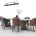 Modern Round Dining Table Set With Multi Colored Chairs Vase Plant And Pendant Light 3d model