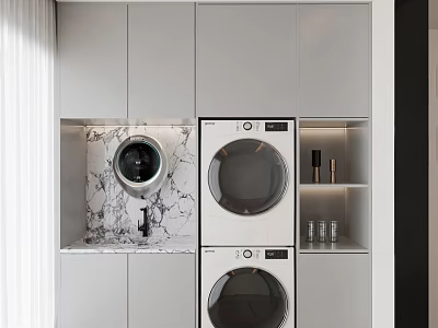 Modern Laundry Room Design With Built In Washing Machines White Cabinets And Marble Countertop 3d model