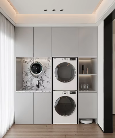Modern Laundry Room Design With Built In Washing Machines White Cabinets And Marble Countertop 3d model
