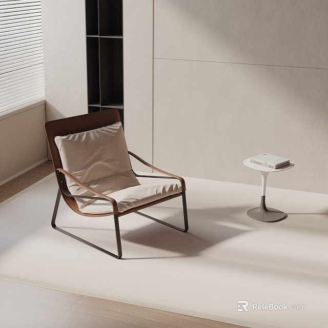 Modern Accent Chair With Brown Frame Beige Cushion Round Side Table In Bright Natural Light 3d model 