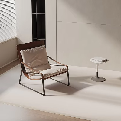 Modern Accent Chair With Brown Frame Beige Cushion Round Side Table In Bright Natural Light 3d model