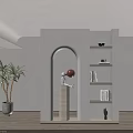 Modern Arched Room Divider with Shelves Books Decorative Items and Potted Plant in Minimalist Interior Space