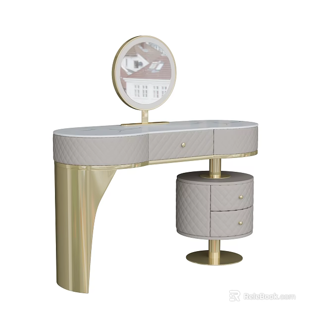 Modern Elegant Dressing Table With Gold Metal Legs Round Mirror And Quilted Drawers 3d model 