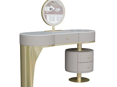 Modern Elegant Dressing Table With Gold Metal Legs Round Mirror And Quilted Drawers 3d model