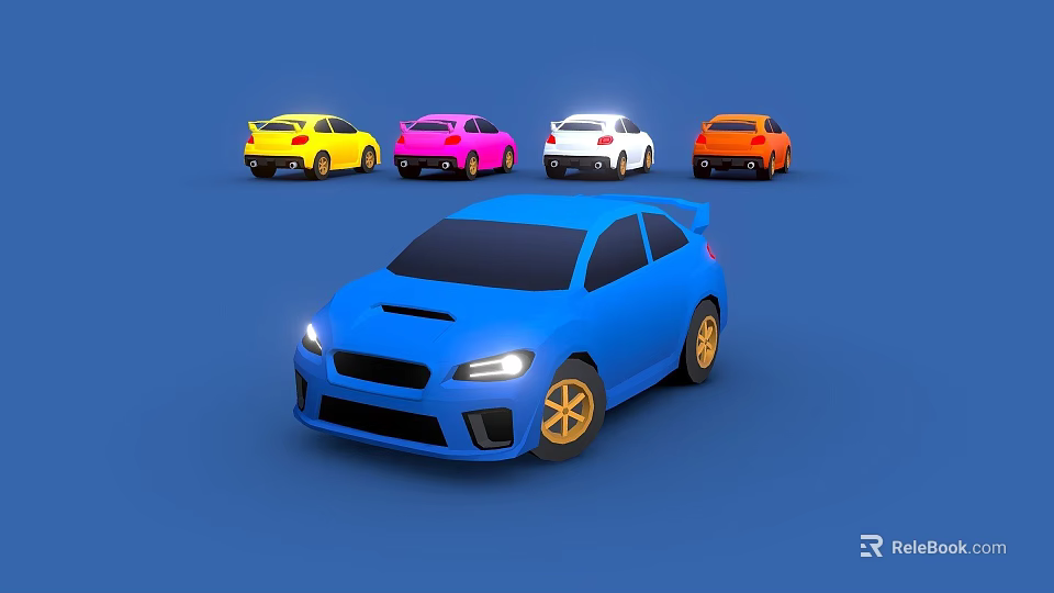 Blue Sports Car With Four Colorful Sports Cars In Different Colors On Blue Background 3d model 
