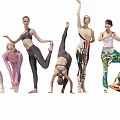 Group of women actively practicing various dynamic yoga poses in sporty outfits