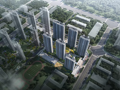 Aerial Urban Planning with High Rise Buildings Green Spaces and Road Networks 3d model