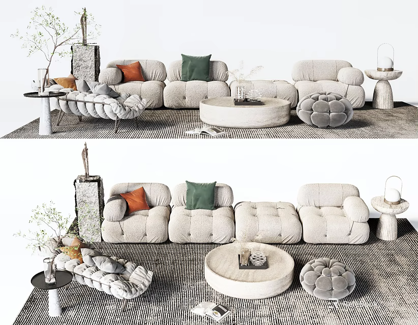 Modern Sofa Coffee Table Combination With Green Orange Pillows And Area Rug 3d model