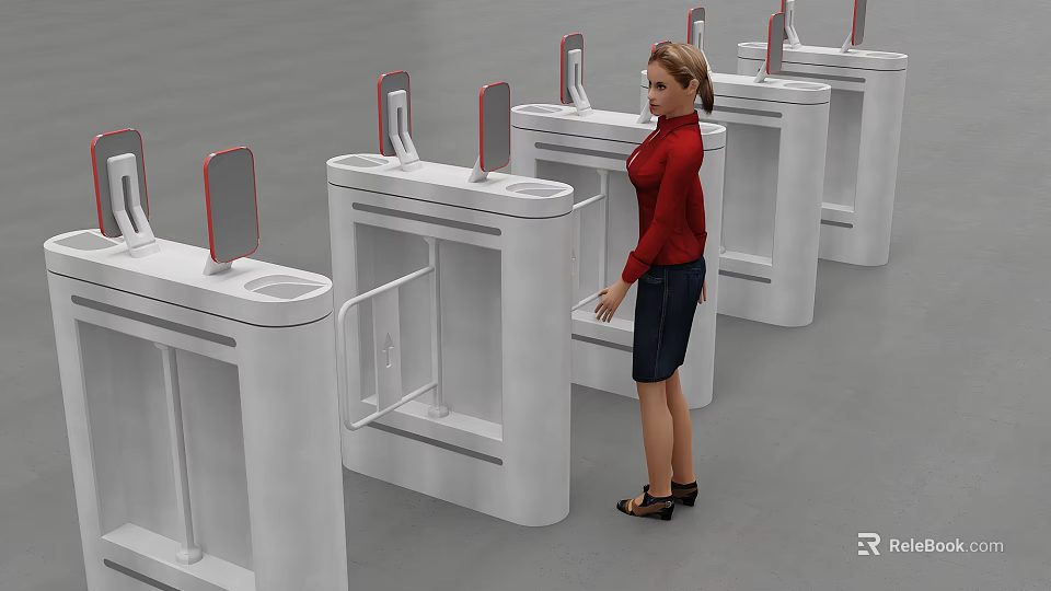 Woman in Red Top with Dark Skirt Operating White Turnstiles with Screen and Black Shoes 3d model 