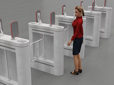 Woman in Red Top with Dark Skirt Operating White Turnstiles with Screen and Black Shoes 3d model