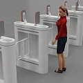 Woman in Red Top with Dark Skirt Operating White Turnstiles with Screen and Black Shoes