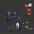 Cartoon Style Characters And Creatures Including Robots Deer Like Figure Small Bots And Umbrella Character