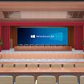 Large Conference Room With Rows Of Seats Stage MAXHUB Screen Ceiling Lighting And Wooden Panels
