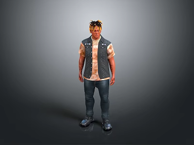 Man With Yellow Black Hair Wearing Dark Vest Light Shirt Blue Jeans Dark Shoes 3d model