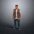 Man With Yellow Black Hair Wearing Dark Vest Light Shirt Blue Jeans Dark Shoes