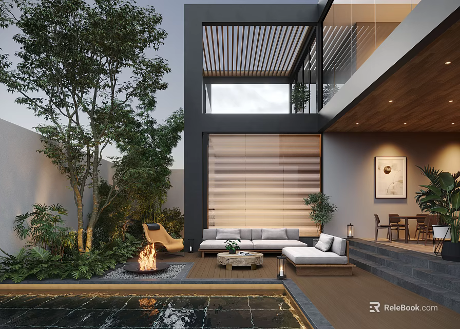 Modern Garden Landscape With Pool Outdoor Seating Fireplace And Lush Green Plants 3d model 