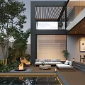 Modern Garden Landscape With Pool Outdoor Seating Fireplace And Lush Green Plants
