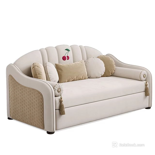 Cream Colored Two Seater Sofa With Decorative Pillows Cherry Pattern And Tassel Accents 3d model