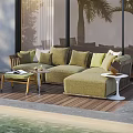 Cozy Outdoor Sofa With Green Cushions Plants And Poolside Wooden Deck Near Glass Doors