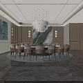 Elegant Modern Private Dining Room With Round Table Marble Countertop Chairs Chandelier And Decorative Painting